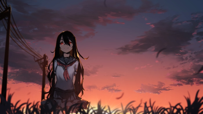 Girl in School Uniform with Red Eyes at Sunset