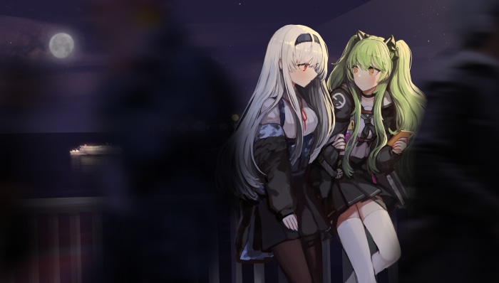 Two anime girls at night with a moon and ship