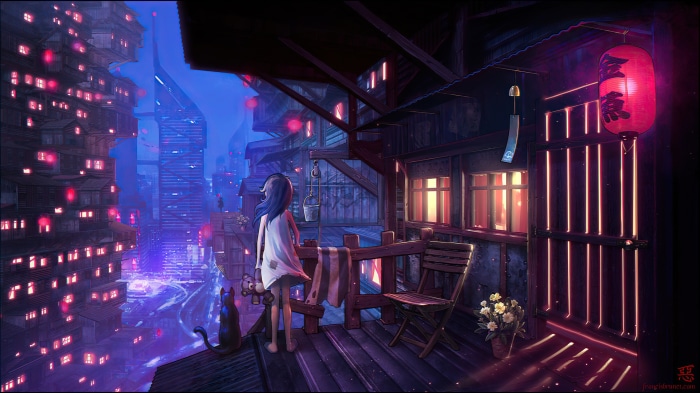 Girl and cat on a balcony overlooking a futuristic city at night