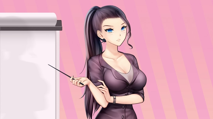 Anime girl with ponytail and suit holding pointer