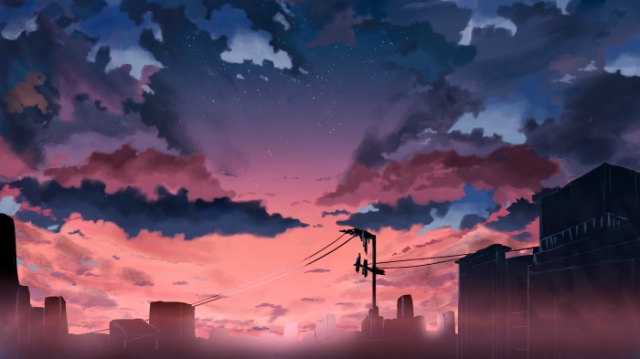 Anime city skyline at sunset with dramatic clouds