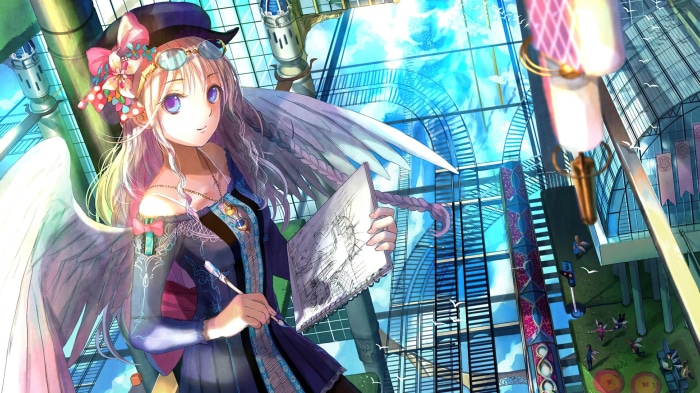 Angel girl drawing in a steampunk city