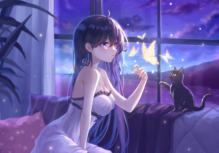 Girl with Cat and Butterflies at Night