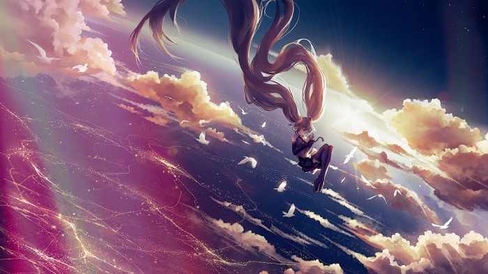 Hatsune Miku falling through clouds with birds