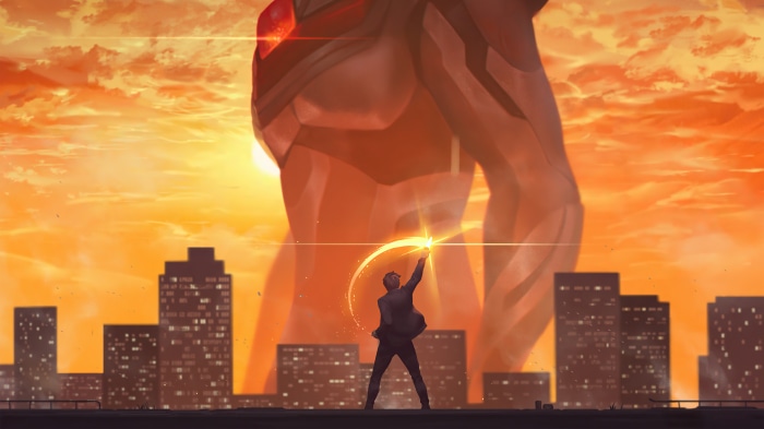 Man facing giant robot in city at sunset