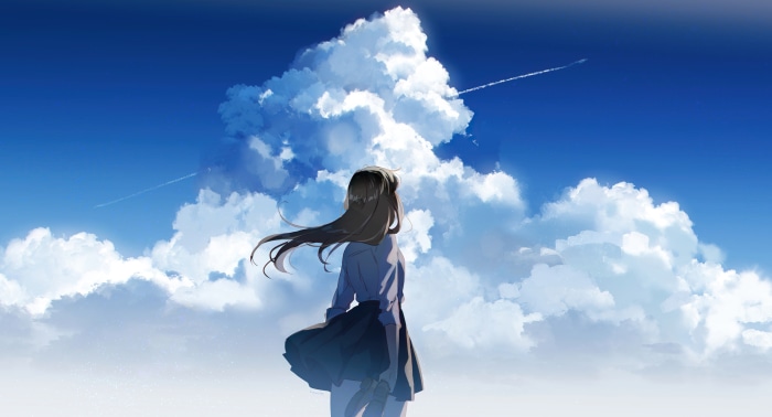 Girl looking at clouds in the sky 4K