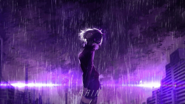 Girl with animal ears in the rain