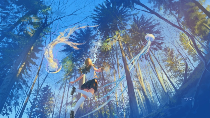 Girl and Jellyfish in Forest 4K