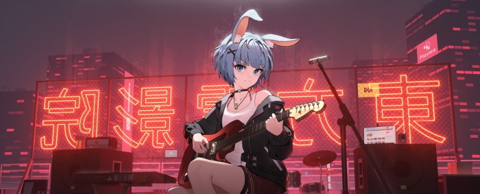 Anime girl with bunny ears playing guitar in front of neon signs