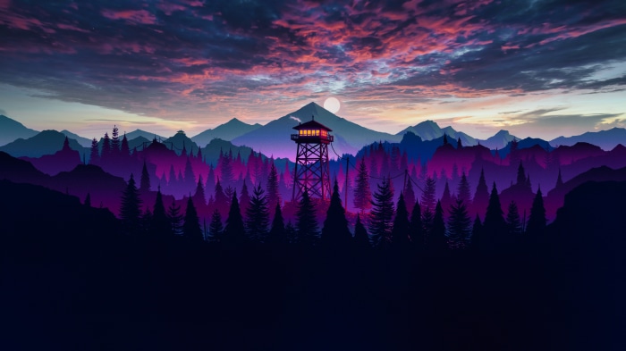 Firewatch tower in a purple forest at sunset