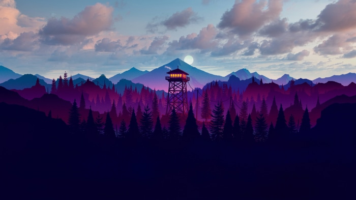 Firewatch tower in a purple forest with mountains