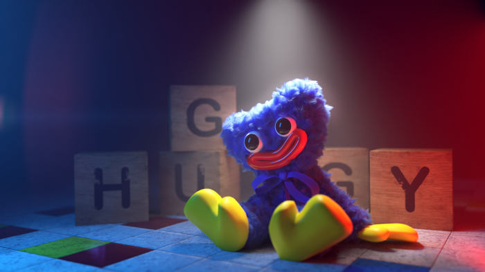 Huggy Wuggy sitting on a tiled floor with letter blocks
