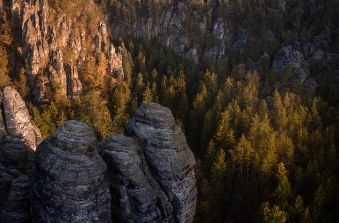 Autumn forest and rock formations in Saxon Switzerland, Germany