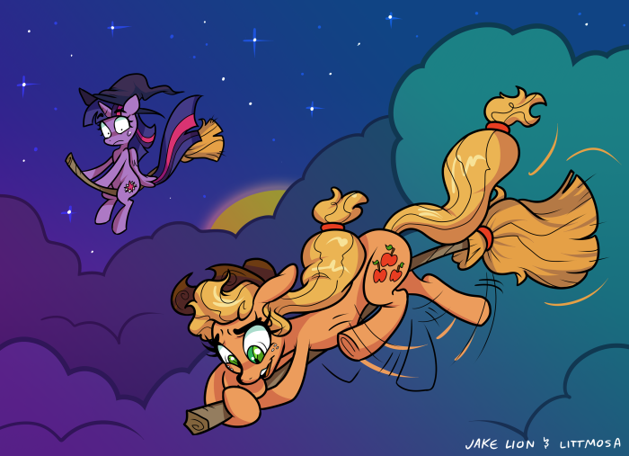 Applejack and Twilight Sparkle flying on brooms