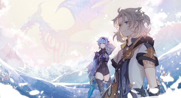 Albedo and Eula from Genshin Impact with a dragon