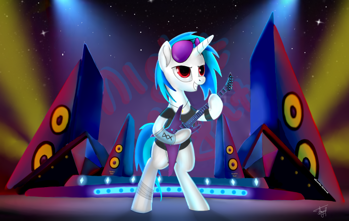DJ Pon-3 from My Little Pony playing guitar on stage