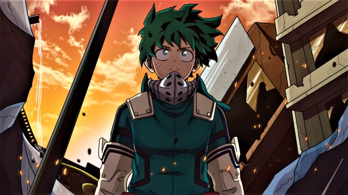 Izuku Midoriya from My Hero Academia in a destroyed city