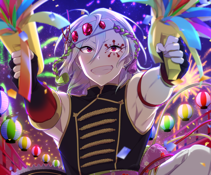 Tengen Uzui from Demon Slayer celebrating with fireworks