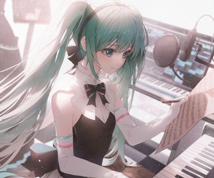 Hatsune Miku composing music at a keyboard