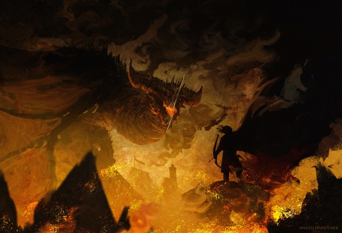 Dragon vs Archer in Fiery Landscape