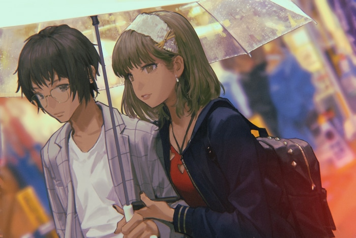 Couple sharing an umbrella in the rain
