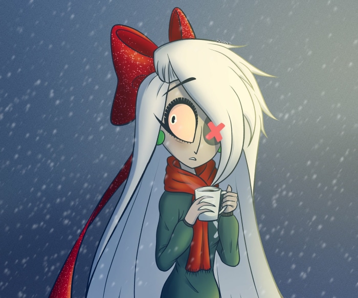 Vaggie from Hazbin Hotel holding a mug in the snow