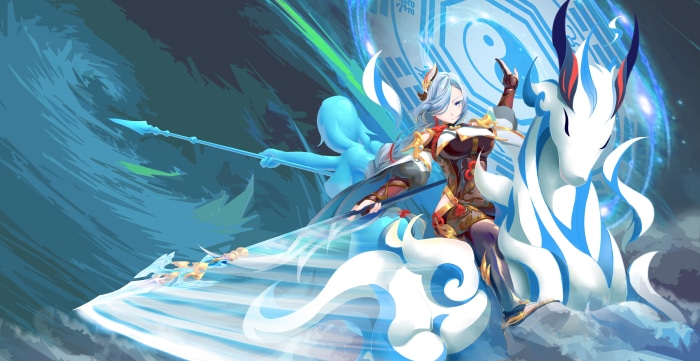 Shenhe from Genshin Impact with a mythical creature