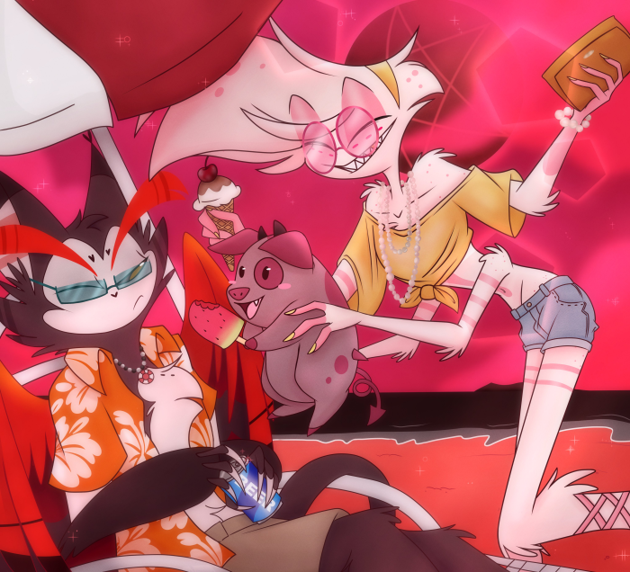 Hazbin Hotel characters on a beach