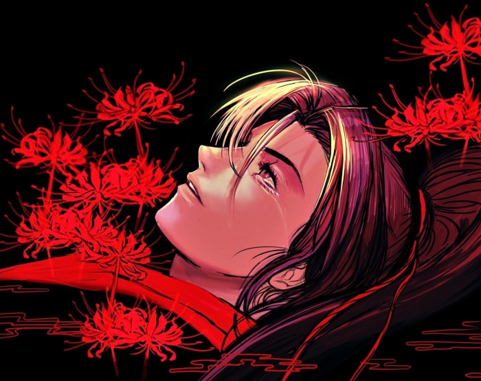 Wei Wuxian from Mo Dao Zu Shi crying among red spider lilies