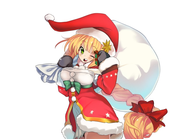 Girl in Santa outfit with gift bag