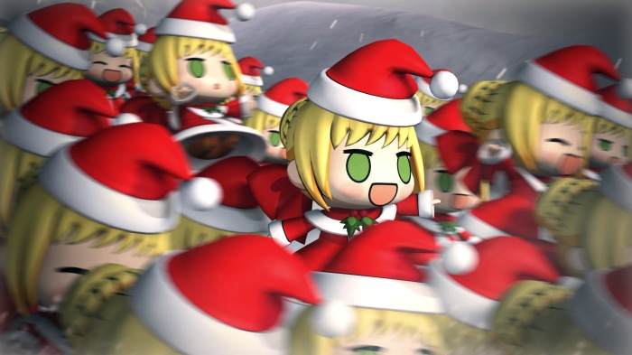 Padoru characters in Santa outfits