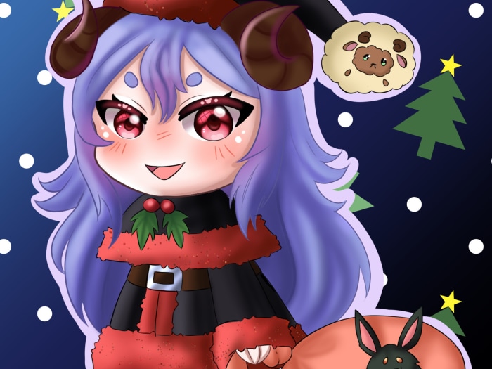 Chibi character with horns and purple hair