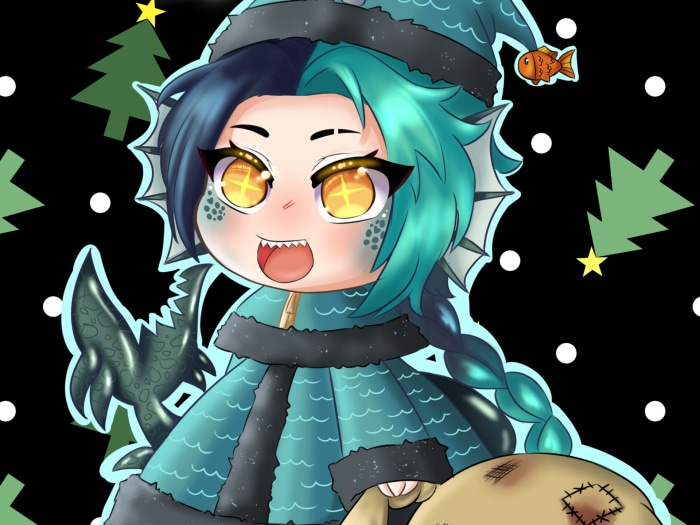 Chibi character with fish and Christmas trees