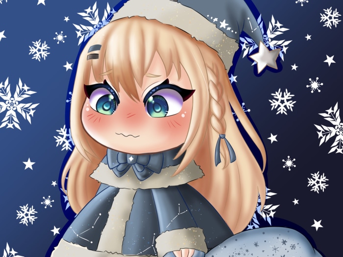 Chibi girl in winter outfit with snowflakes