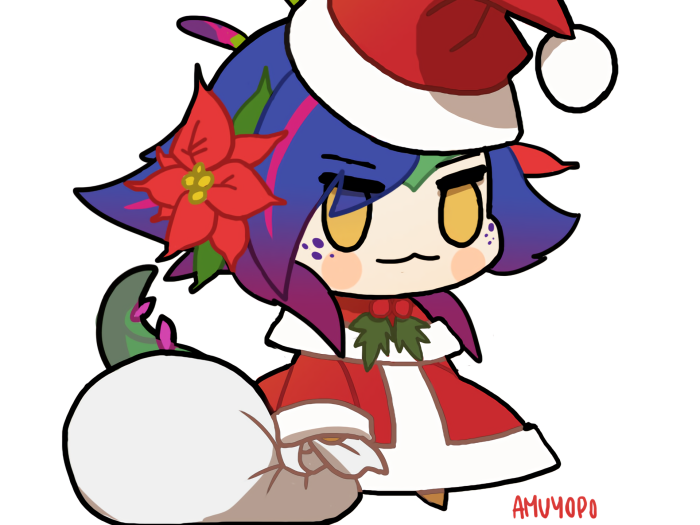 Chibi character in Christmas outfit with poinsettia