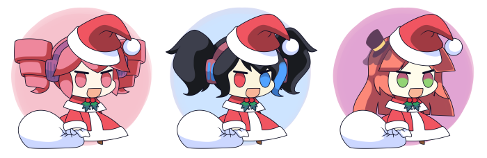 Three Padoru characters in Santa outfits with gift bags
