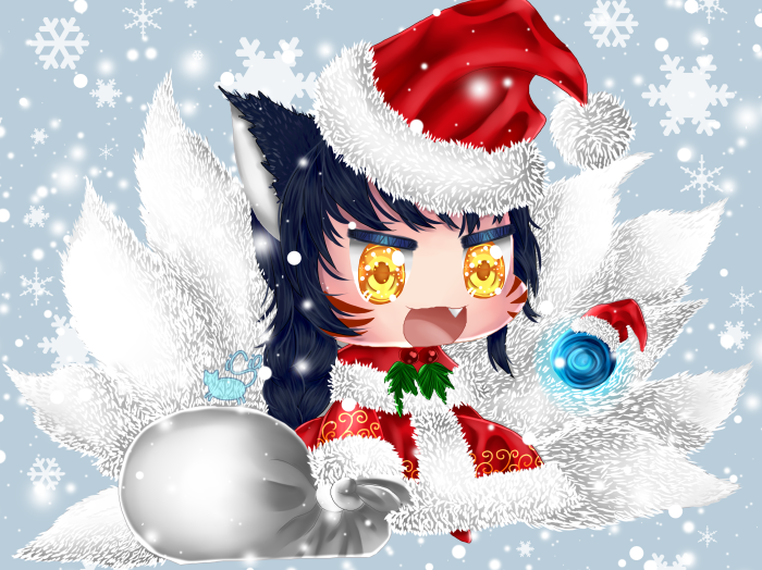 Ahri from League of Legends in Santa Hat with Snow