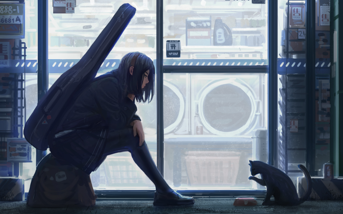 Girl with guitar case and black cat
