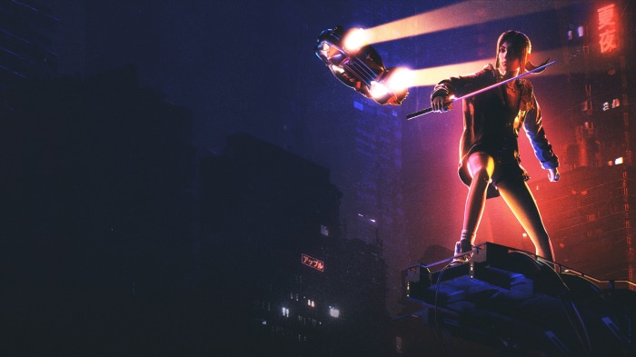 Girl with sword and hovercraft in Blade Runner 4K