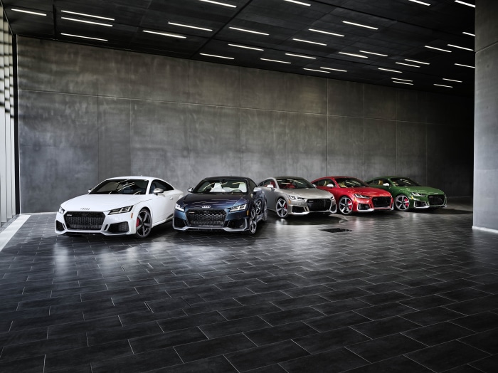 Audi TT RS Coupé cars in a showroom