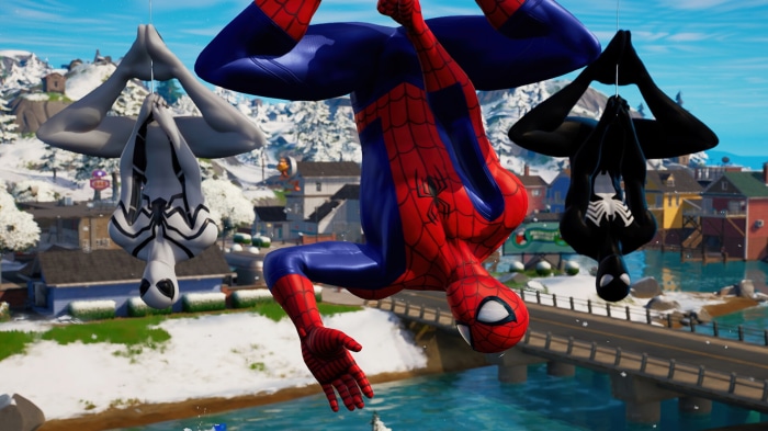 Spider-Man characters hanging upside down in Fortnite