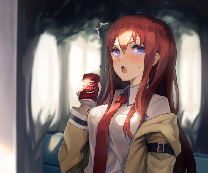 Kurisu Makise from Steins;Gate holding a Dr Pepper can