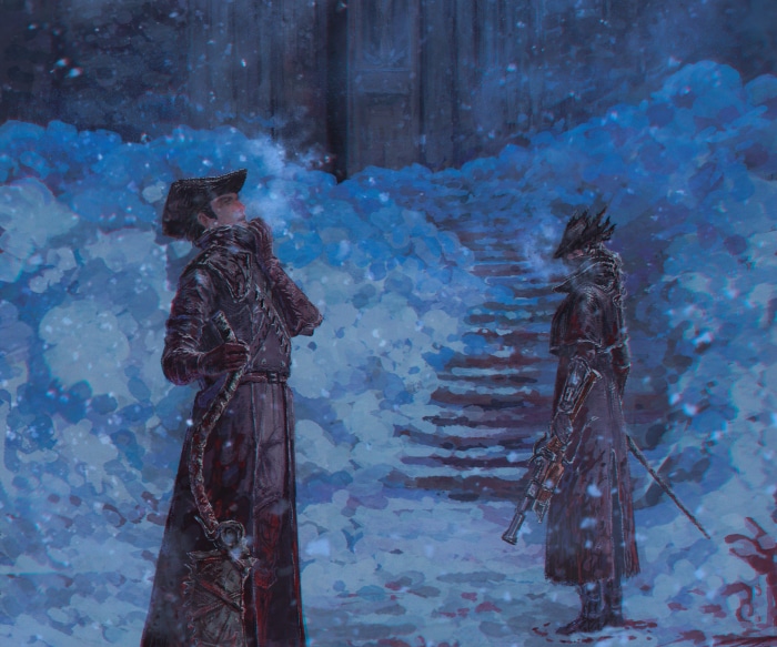 Two hunters in Bloodborne in a snowy environment