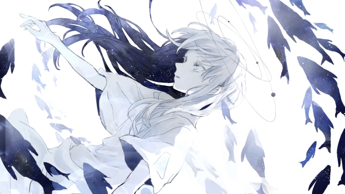 Girl surrounded by fish in starry water