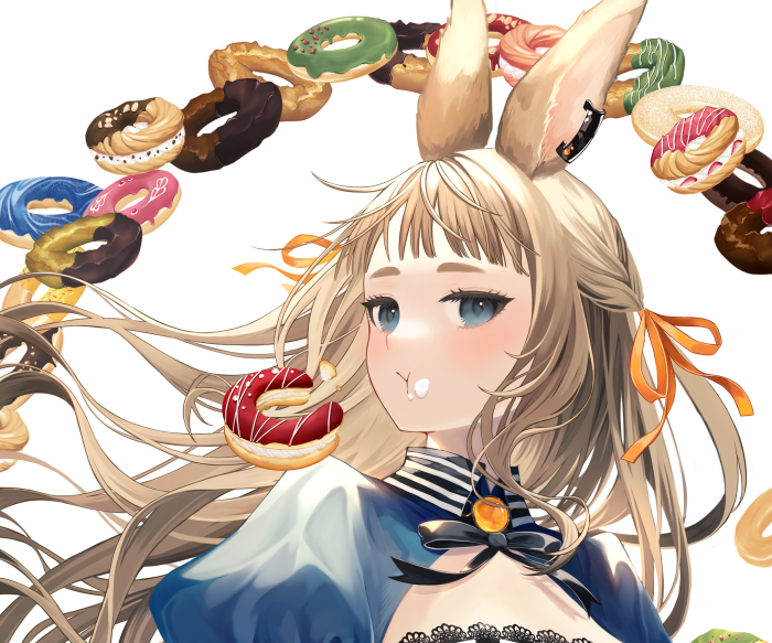 Girl with bunny ears surrounded by donuts