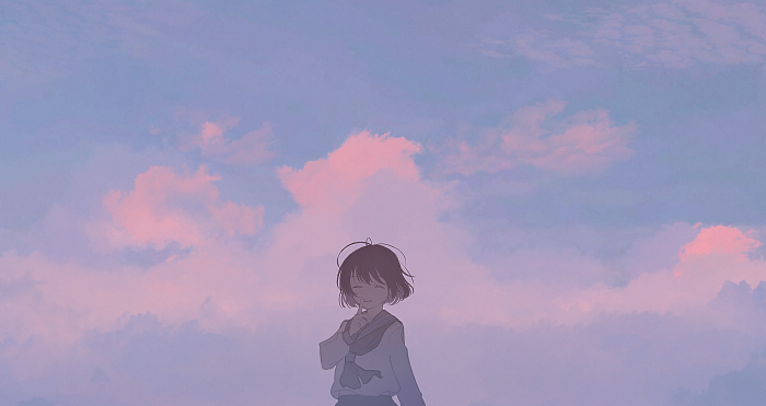 Girl in School Uniform Against Pink and Blue Sky