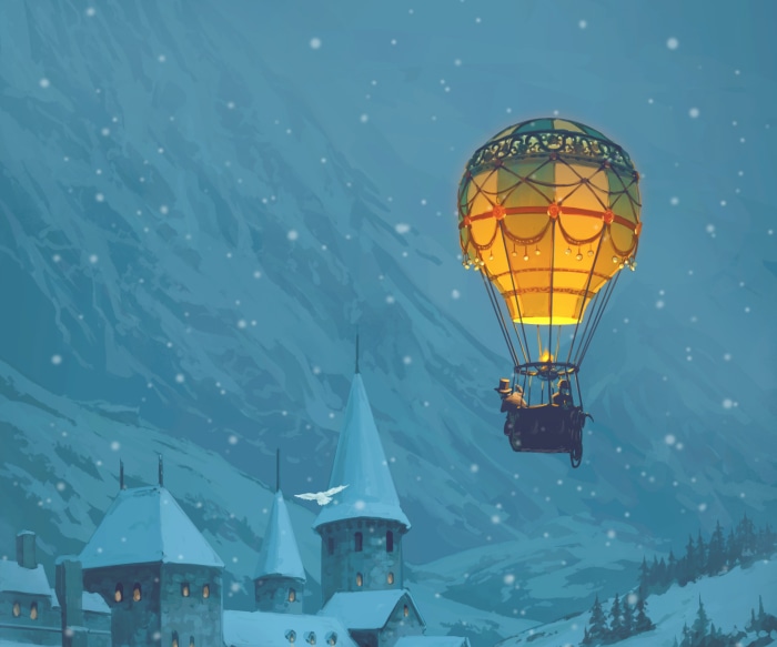 Hot Air Balloon over Snowy Castle