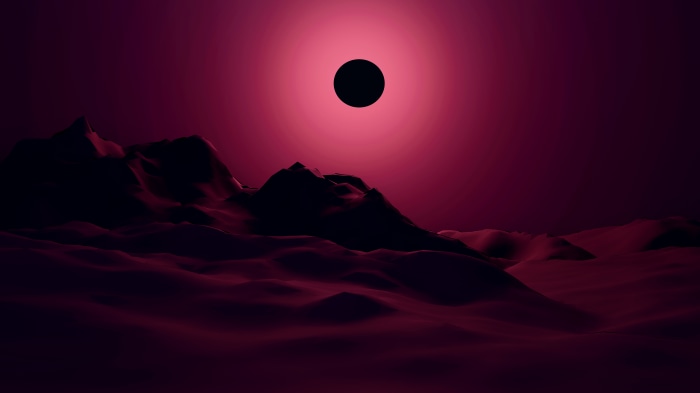 Artistic landscape with a black circle in a pink sky