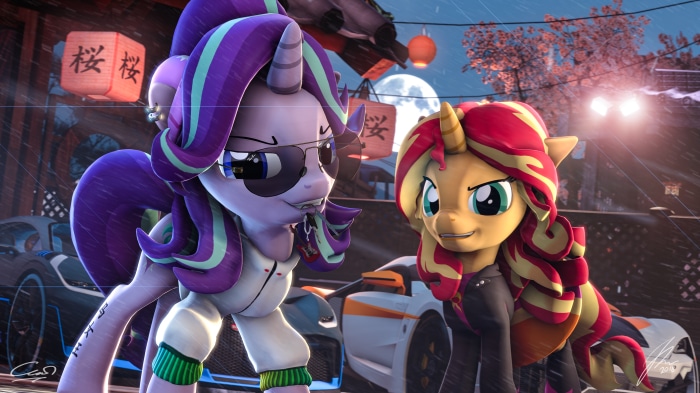 Sunset Shimmer and Starlight Glimmer with sports cars