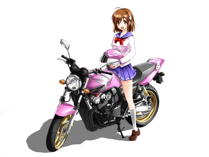 Hane Sakura from Bakuon!! with a pink motorcycle
